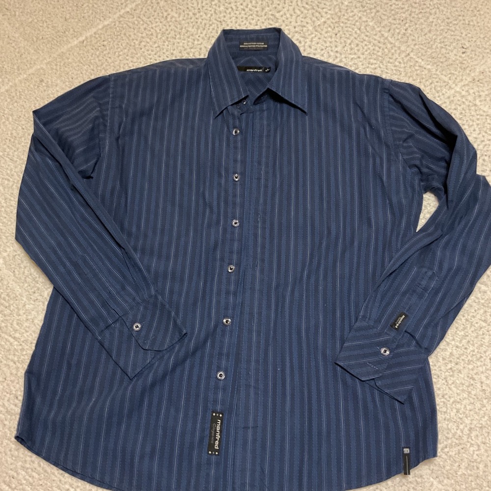 Manfred Button Down Shirt Mens L Blue Excellent Striped Long Sleeve Cotton Blend